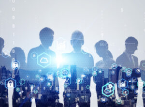 Technology and Cultural Differences, people with background replaced by city and tech symbols. Virtual teams
